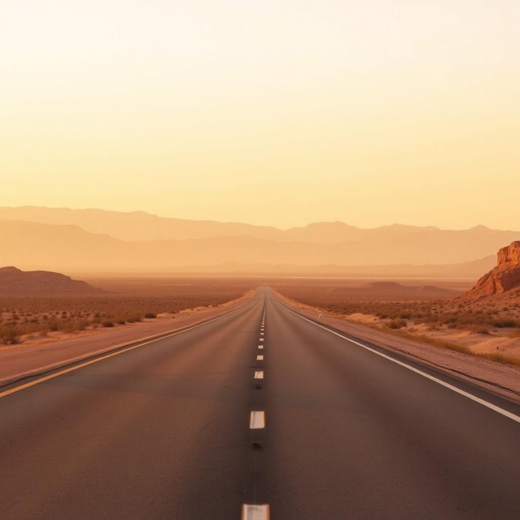 Open desert highway at golden hour with distant dusty mountains