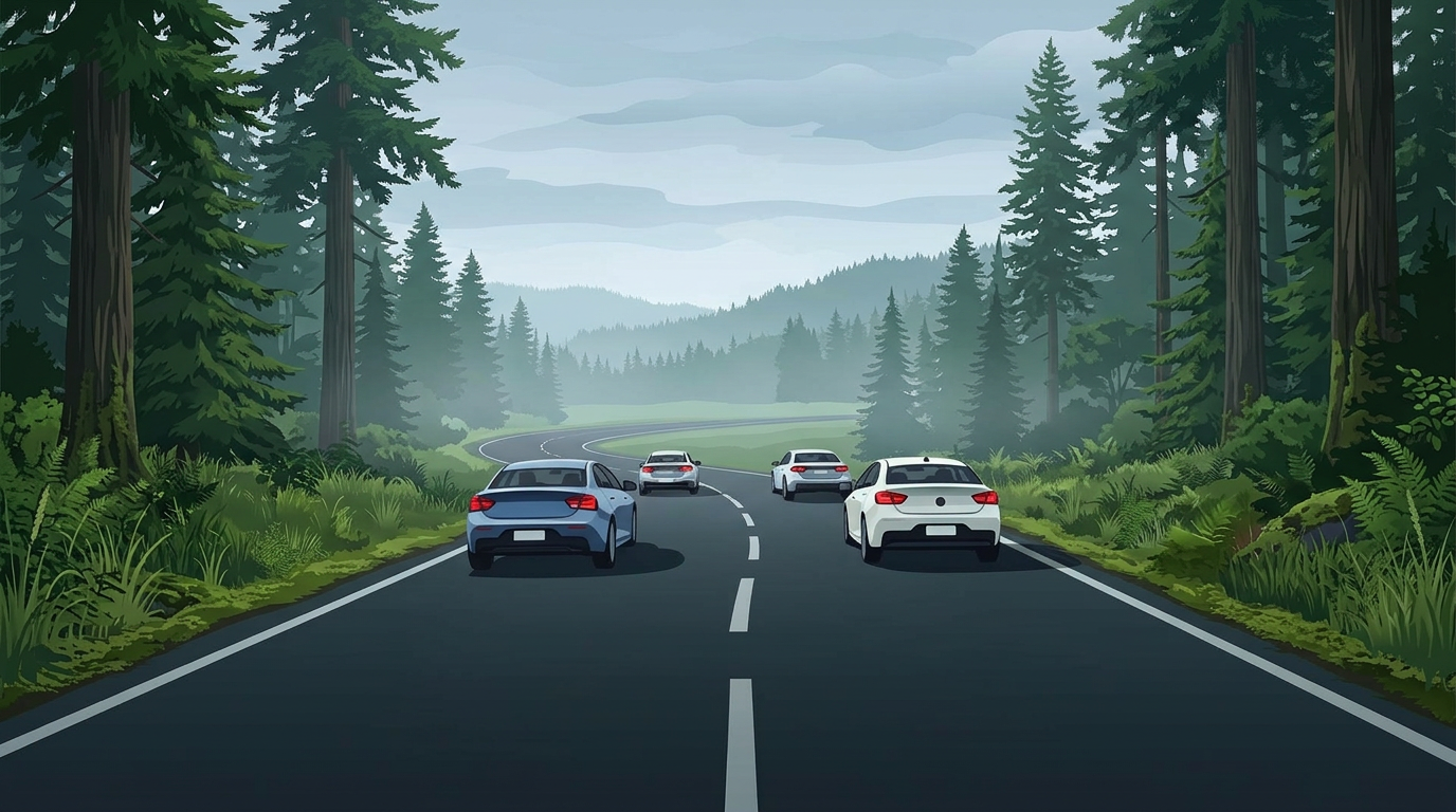 Soft cinematic Pacific Northwest landscape with a winding highway disappearing into misty pine forest